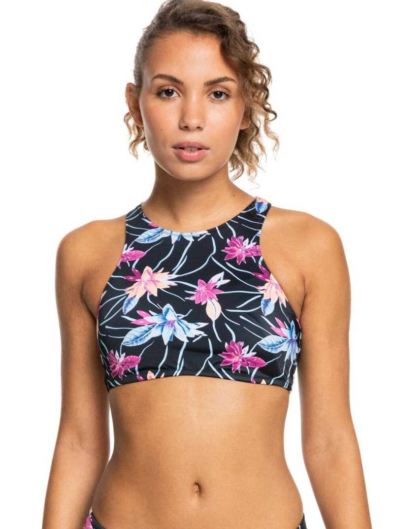 Anthracite Floral Flow Roxy Active Crop Top Bikini Top | AMNSYP701