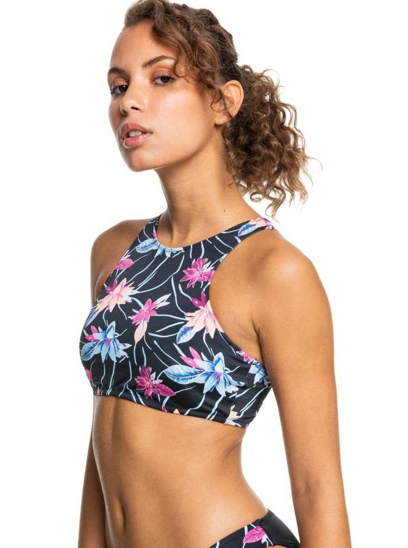 Anthracite Floral Flow Roxy Active Crop Top Bikini Top | AMNSYP701