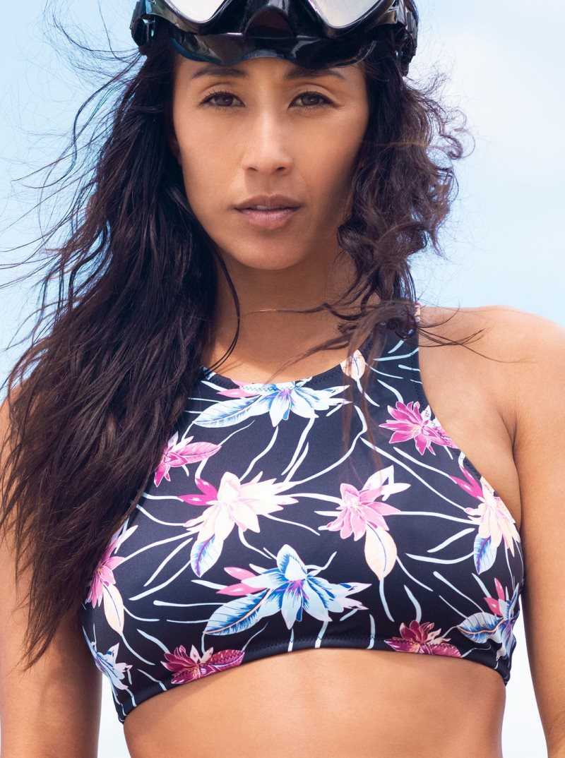 Anthracite Floral Flow Roxy Active Crop Top Bikini Top | AMNSYP701