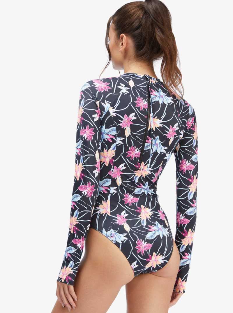 Anthracite Floral Flow Roxy Active Long Sleeve Back Zip One Piece Rashguard | BGCWZJ184