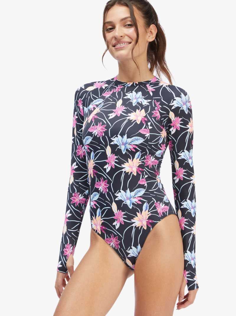 Anthracite Floral Flow Roxy Active Long Sleeve Back Zip One Piece Rashguard | BGCWZJ184