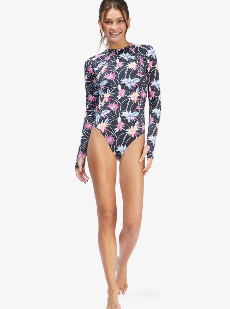 Anthracite Floral Flow Roxy Active Long Sleeve Back Zip One Piece Rashguard | YEIACK175