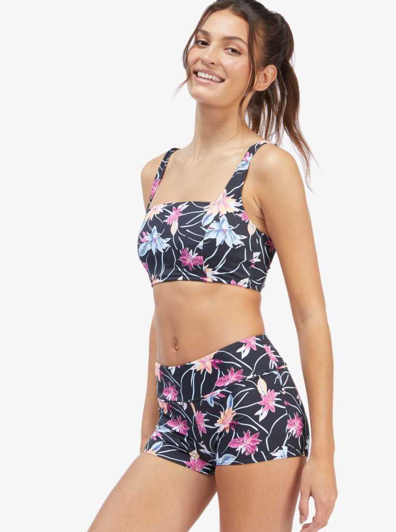 Anthracite Floral Flow Roxy Active Tankini Sports Bra Bikini Top | FNUWBL521