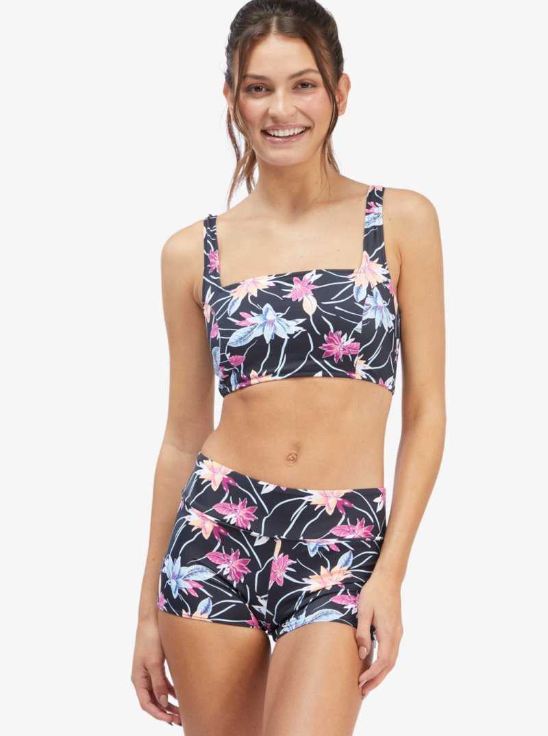 Anthracite Floral Flow Roxy Active Tankini Sports Bra Bikini Top | FNUWBL521