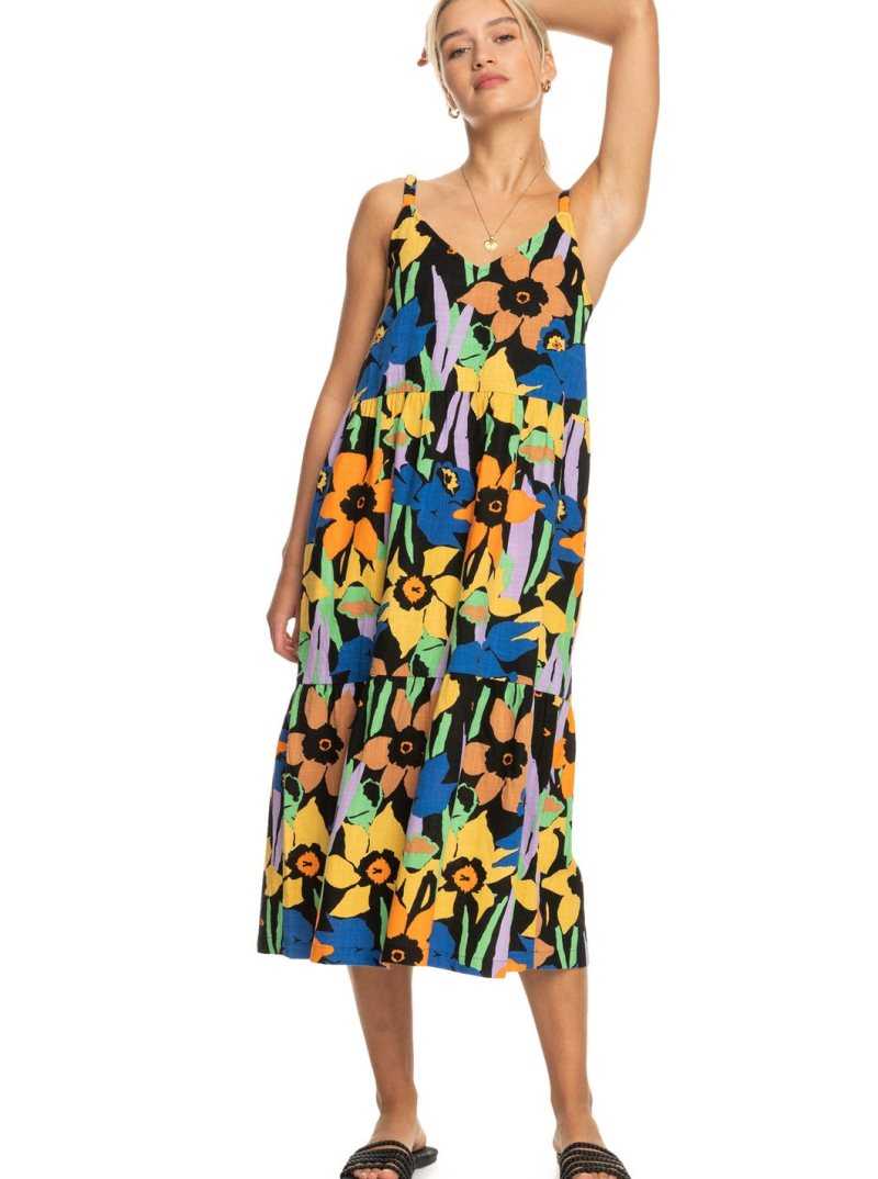 Anthracite Flower Jammin Roxy Waiting Line Printed Midi Dress | ETGCRX678