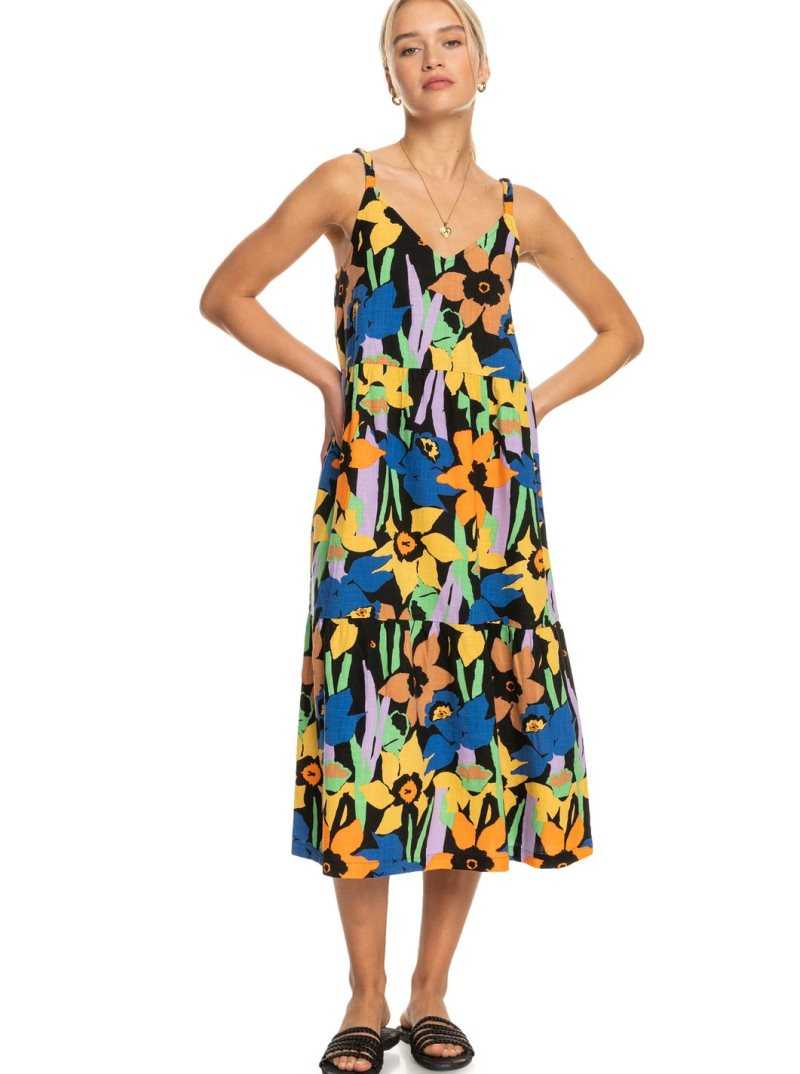 Anthracite Flower Jammin Roxy Waiting Line Printed Midi Dress | ETGCRX678