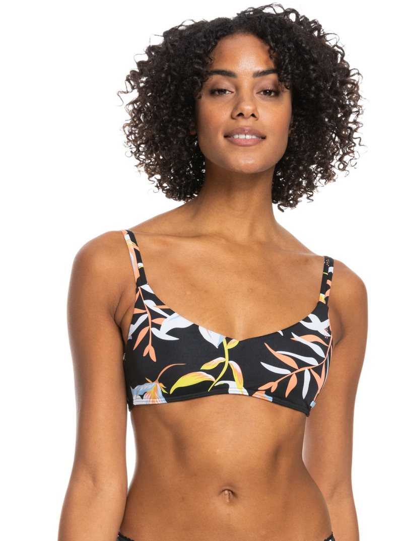 Anthracite Hibiscus Wave Swim Roxy Hibiscus Wave Printed Bralette Bikini Top | MUHDCB318