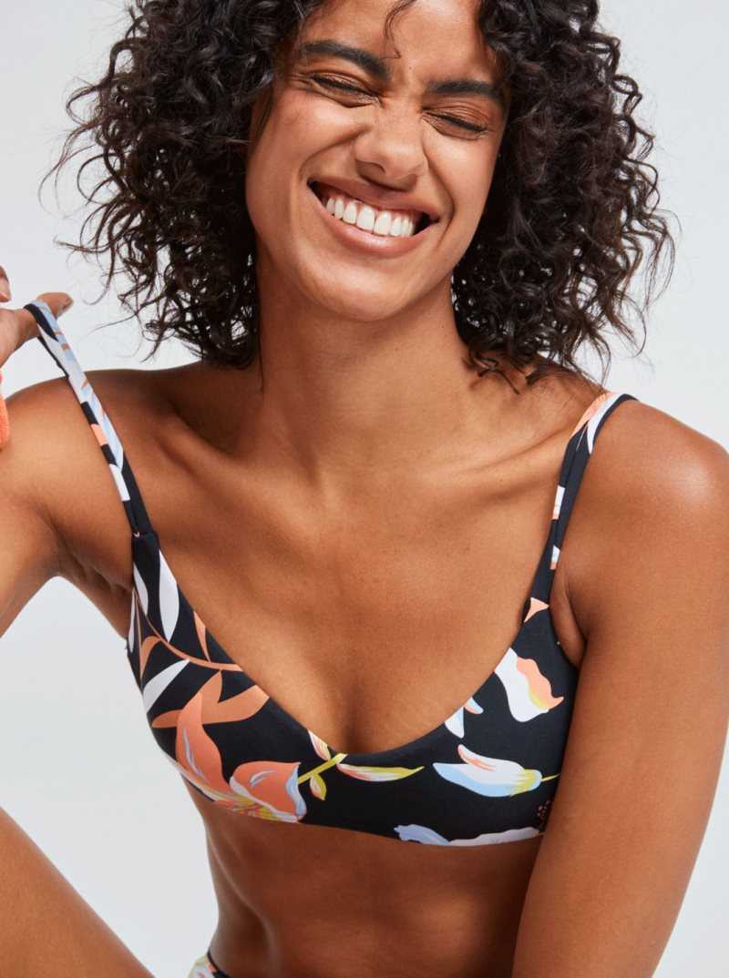 Anthracite Hibiscus Wave Swim Roxy Hibiscus Wave Printed Bralette Bikini Top | MUHDCB318