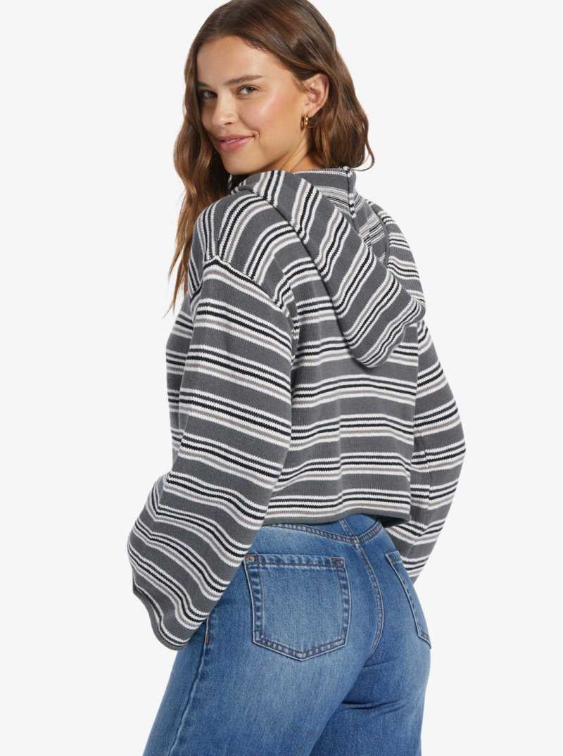 Anthracite Retro Rays Stripe Roxy Side Swipe Poncho Hoodie | PUJNEI952