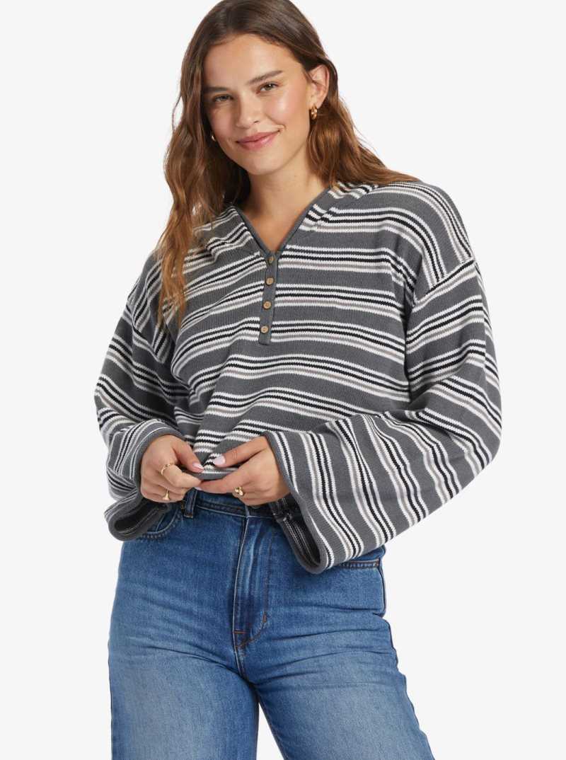 Anthracite Retro Rays Stripe Roxy Side Swipe Poncho Hoodie | PUJNEI952