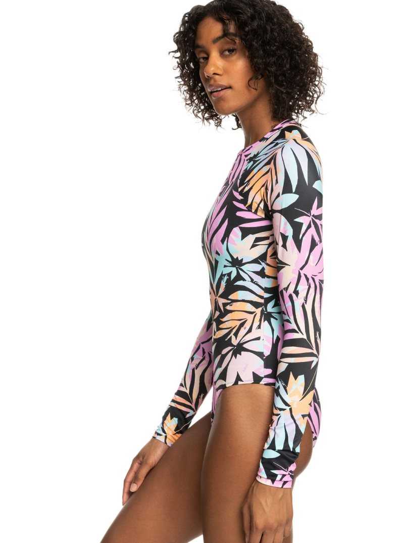 Anthracite Zebra Jungle Roxy Active UPF 50 Long Sleeve Back Zip One Piece Swimsuit | JWAYOE172