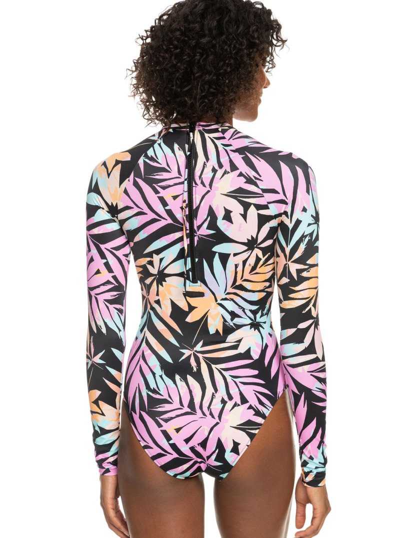 Anthracite Zebra Jungle Roxy Active UPF 50 Long Sleeve Back Zip One Piece Swimsuit | JWAYOE172