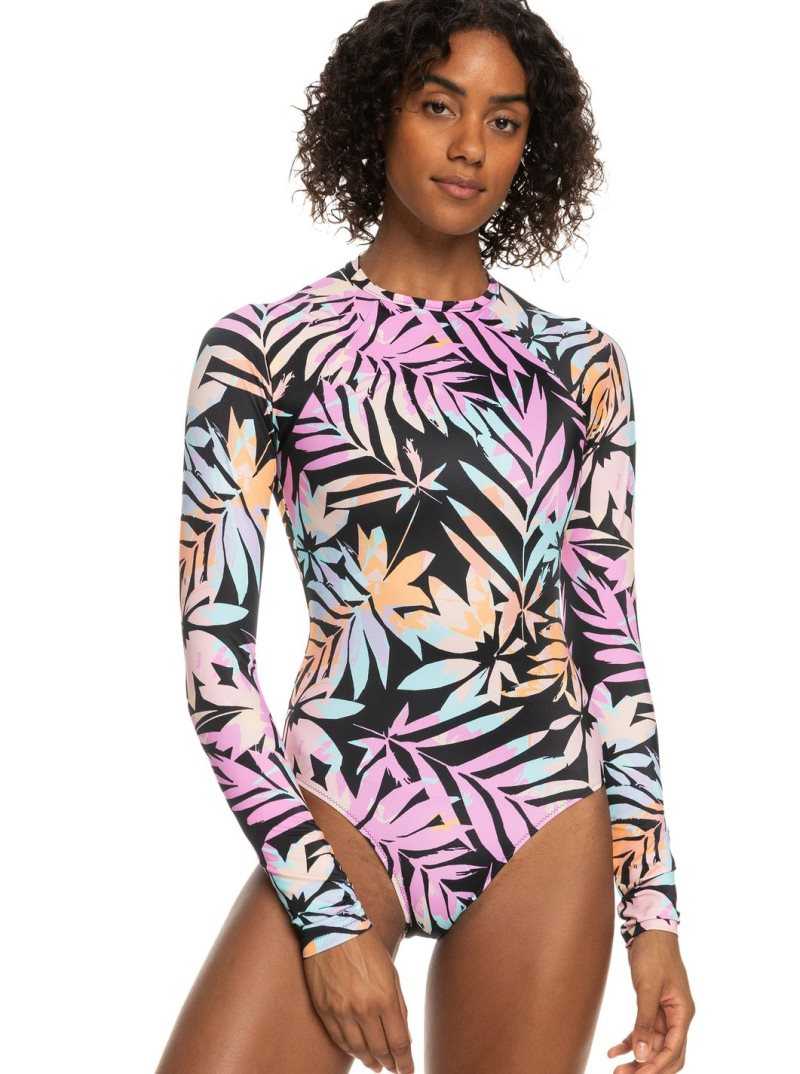 Anthracite Zebra Jungle Roxy Active UPF 50 Long Sleeve Back Zip One Piece Swimsuit | JWAYOE172