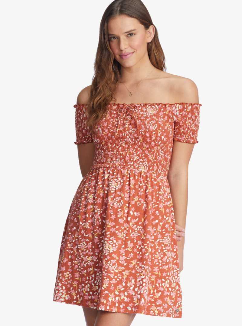 Baked Clay Dancing Days Roxy At The Same Time Off-The-Shoulder Dress | EWATZO756