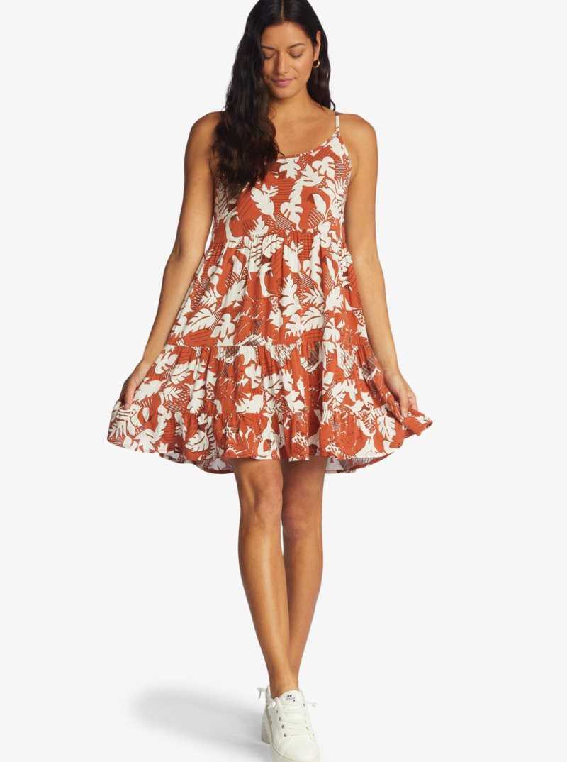 Baked Clay Retro Floral Roxy Teen Dream Woven Strappy Dress | QIZYSR342