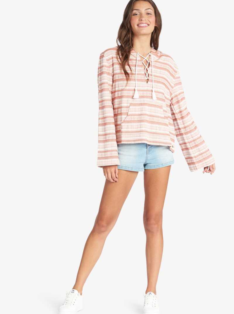 Baked Clay River Stripe Roxy Paradise Calling Woven Poncho Hoodie | ZLOJEF261