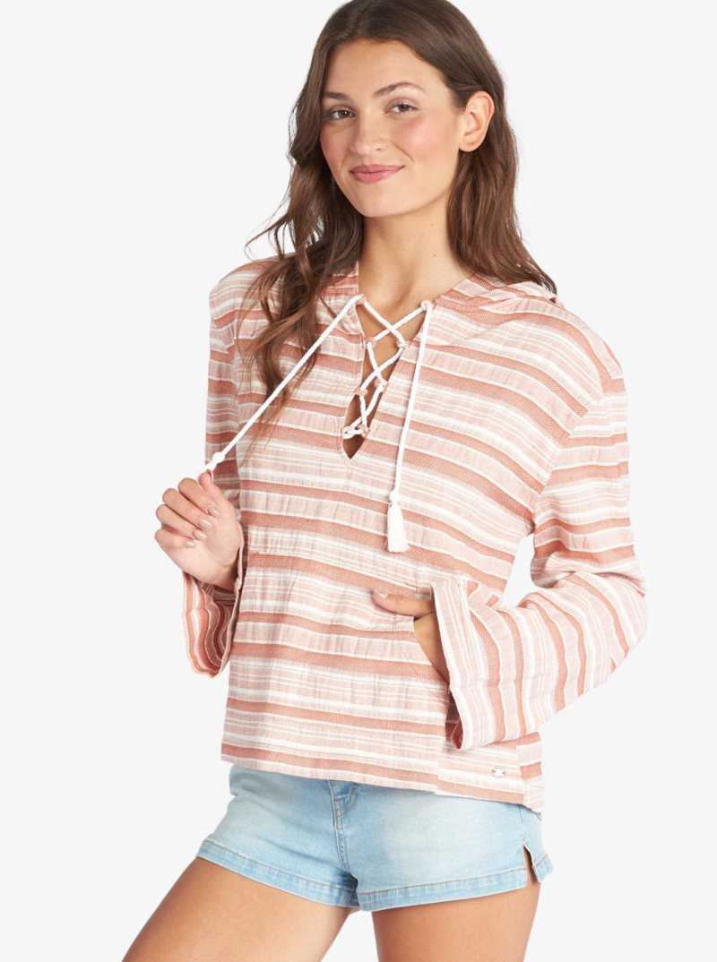 Baked Clay River Stripe Roxy Paradise Calling Woven Poncho Hoodie | ZLOJEF261