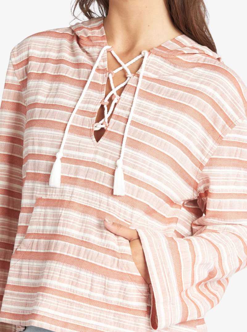 Baked Clay River Stripe Roxy Paradise Calling Woven Poncho Hoodie | ZLOJEF261