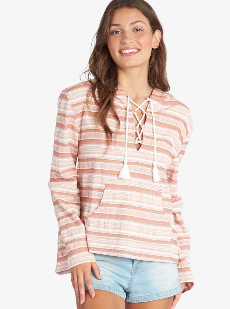 Baked Clay River Stripe Roxy Paradise Calling Woven Poncho Hoodie | ZLOJEF261