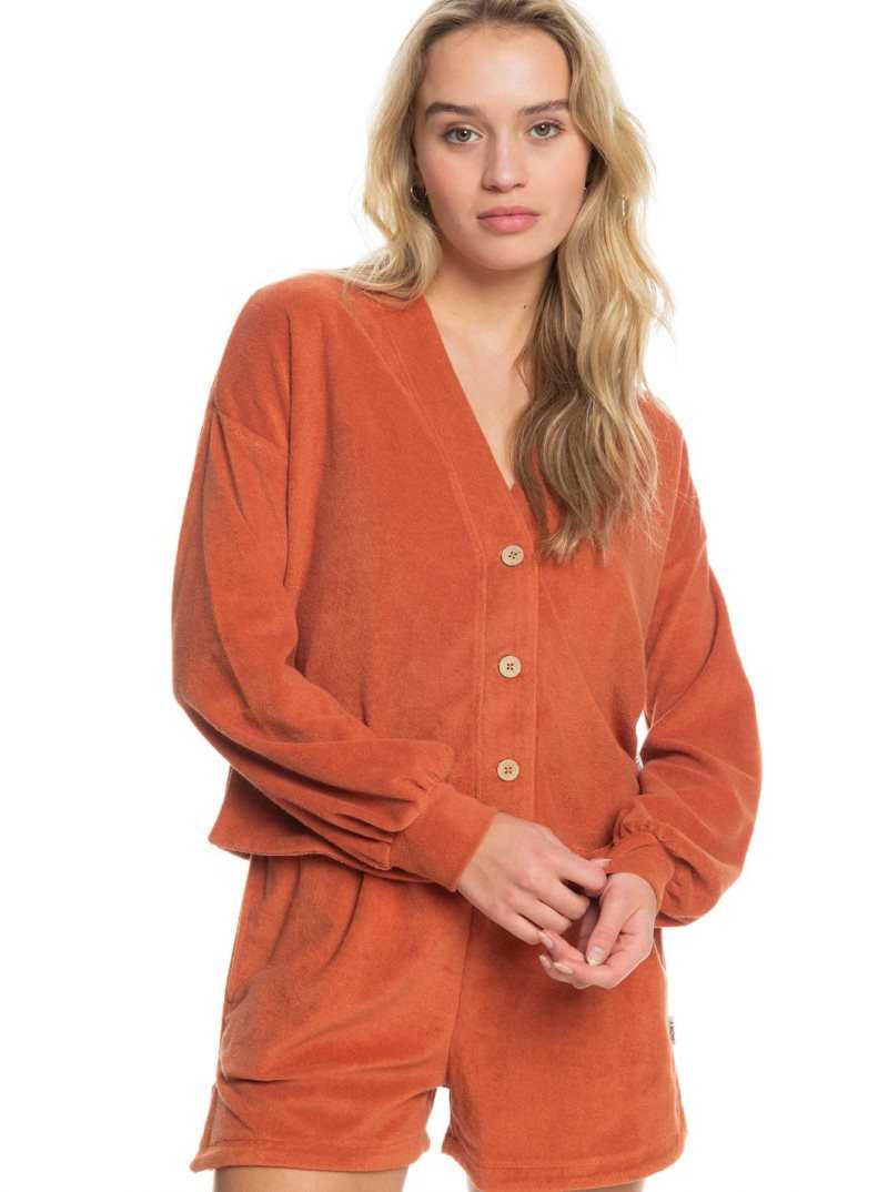 Baked Clay Roxy Threes Company Organic Button-Front Cardigan Sweater | OKFLXJ581