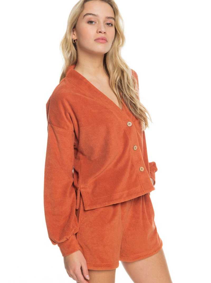 Baked Clay Roxy Threes Company Organic Button-Front Cardigan Sweater | OKFLXJ581