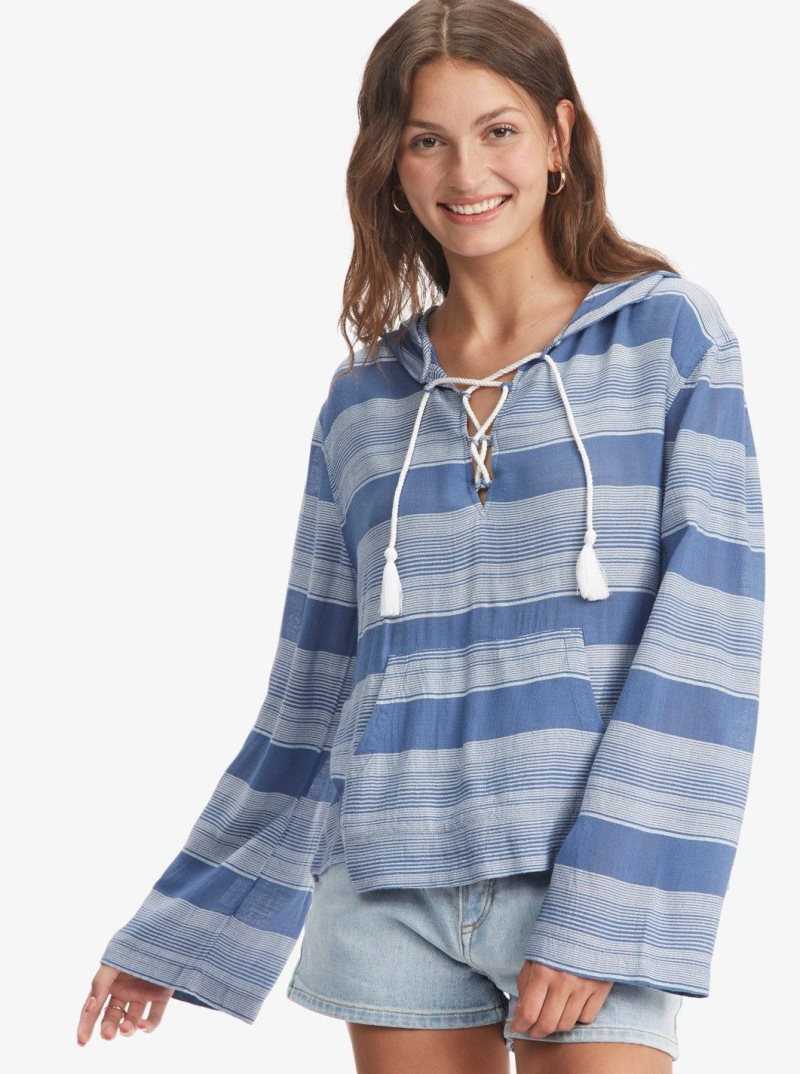 Bijou Blue Horizon Stripe Roxy Head On Over Poncho Hoodie | DCZJFP761