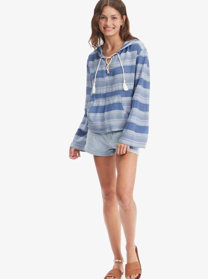 Bijou Blue Horizon Stripe Roxy Head On Over Poncho Hoodie | DCZJFP761