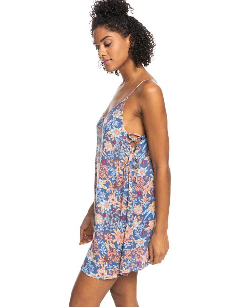 Bijou Blue New Tropics Ditsy Roxy Beachy Vibes Printed Beach Cover-Up Dress | VMATBX491