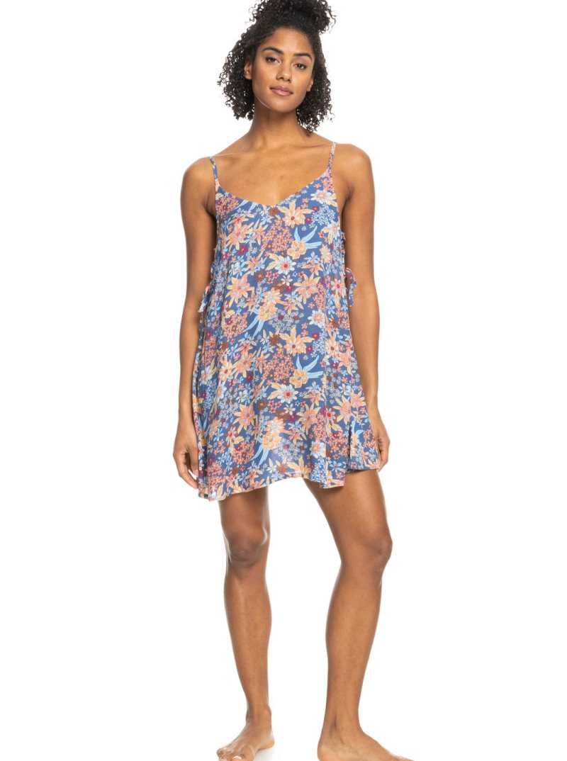 Bijou Blue New Tropics Ditsy Roxy Beachy Vibes Printed Beach Cover-Up Dress | VMATBX491