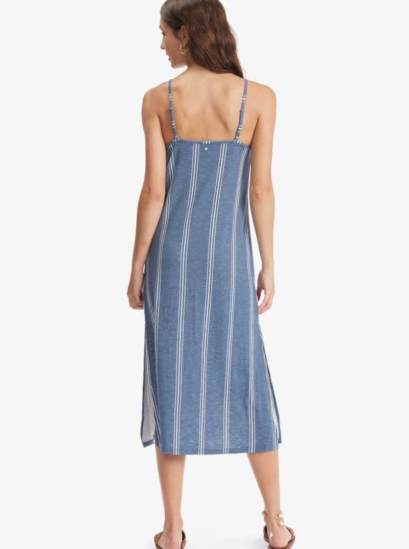 Bijou Blue Ocean Stripe Roxy Promised Land Strappy Midi Dress | RQAESX758