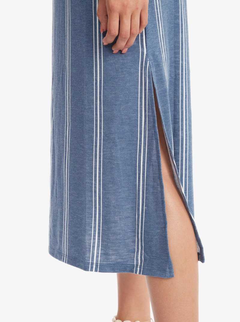 Bijou Blue Ocean Stripe Roxy Promised Land Strappy Midi Dress | RQAESX758