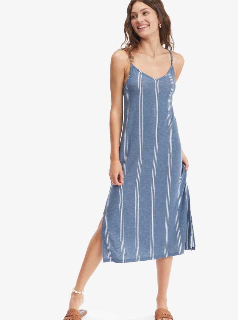 Bijou Blue Ocean Stripe Roxy Promised Land Strappy Midi Dress | RQAESX758