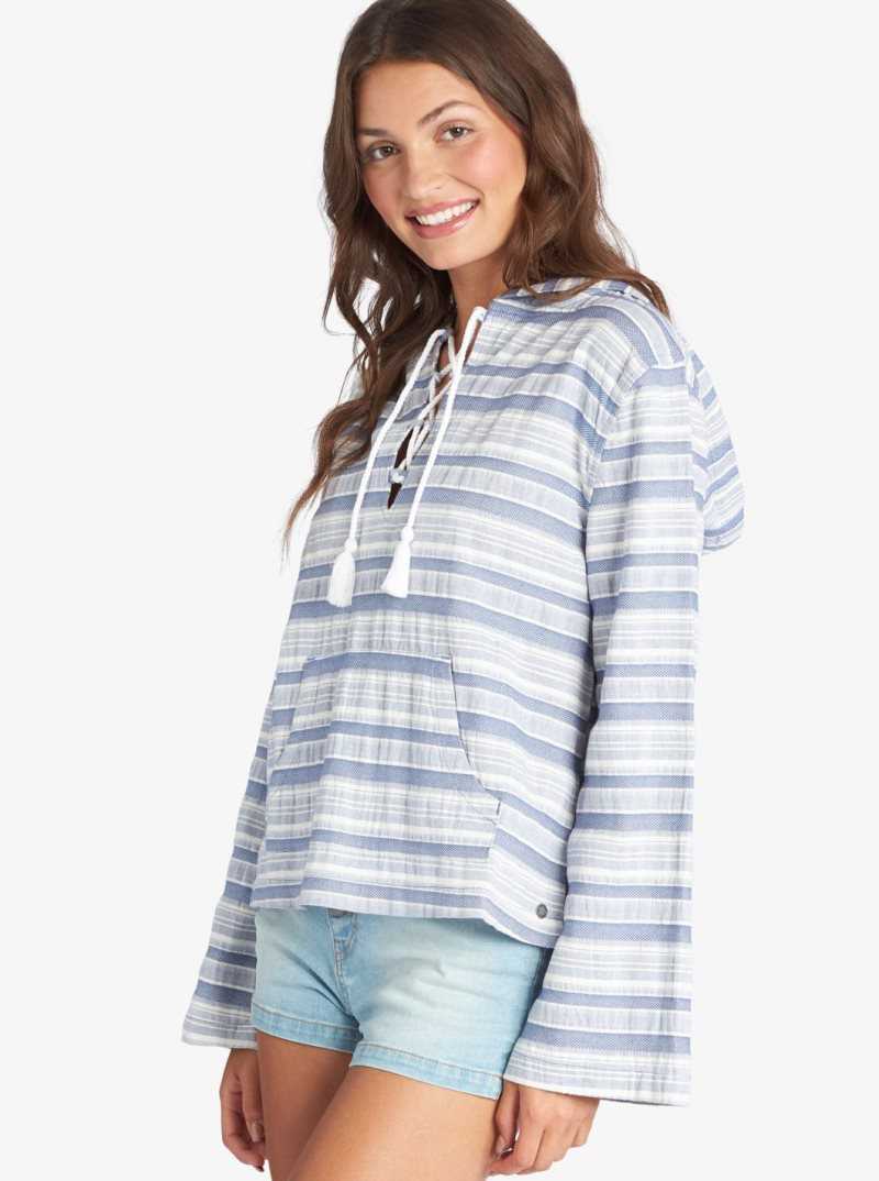 Bijou Blue River Stripe Roxy Paradise Calling Woven Poncho Hoodie | EXFDMP157