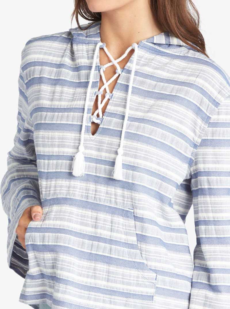 Bijou Blue River Stripe Roxy Paradise Calling Woven Poncho Hoodie | EXFDMP157