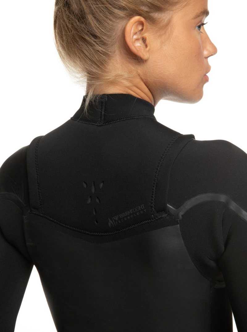 Black/Black Roxy 3/2mm Syncro Plus Chest Zip Wetsuit | PKWNJS834