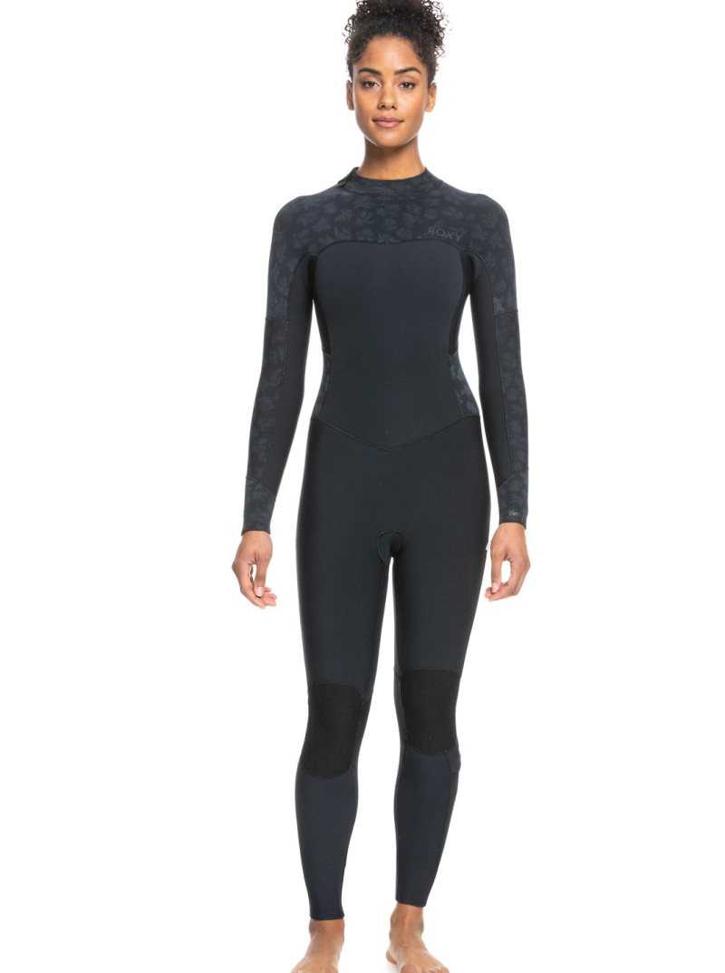 Black Roxy 3/2mm Swell Series Back Zip Wetsuit | QYGAZH813