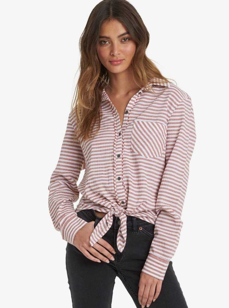 Bright White Auburn Grace Stri Roxy Not Now Long Sleeve Shirt | MGCTNB963