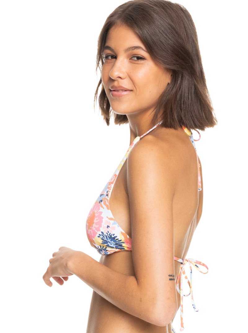 Bright White Floral Escape S Roxy Printed Beach Classics Elongated Triangle Bikini Top | FKHTRL042