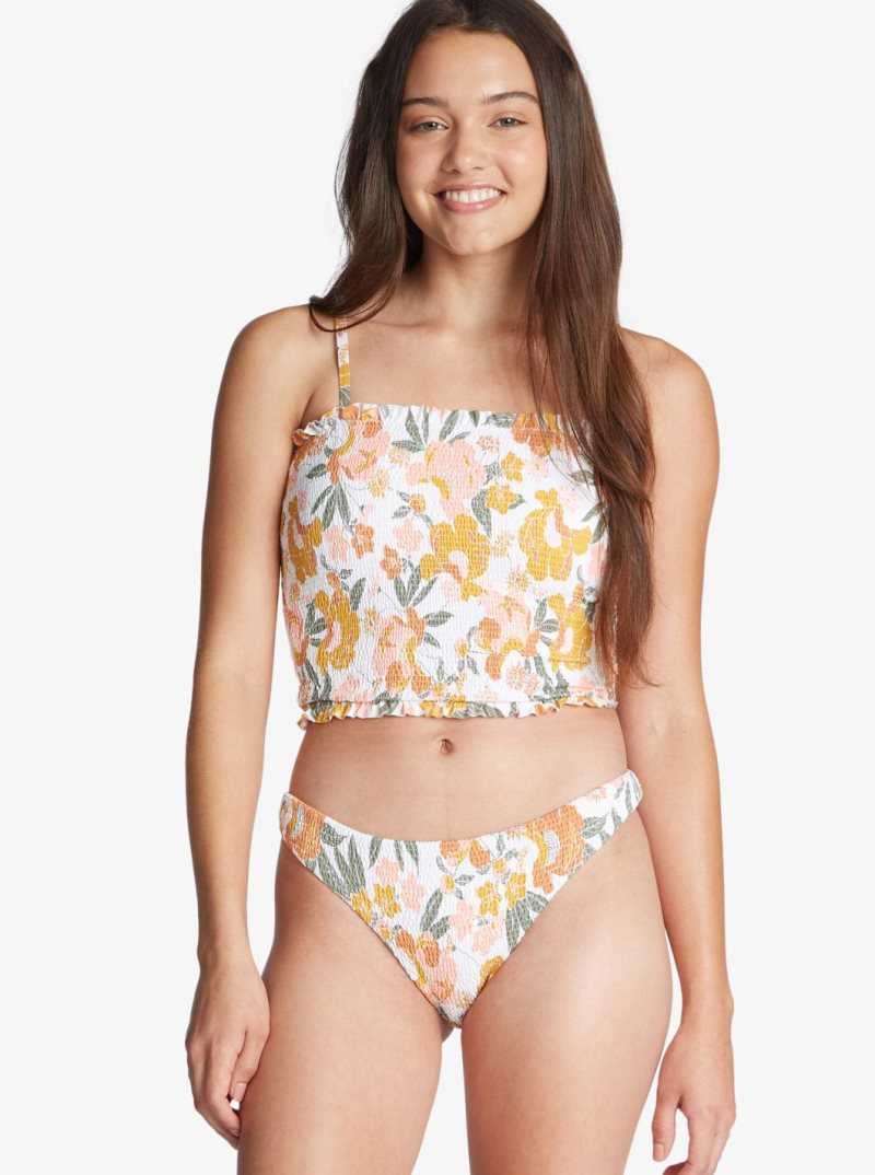 Bright White Florance Feels Roxy On Repeat Smocked Bikini Bottoms | QWOBHK690