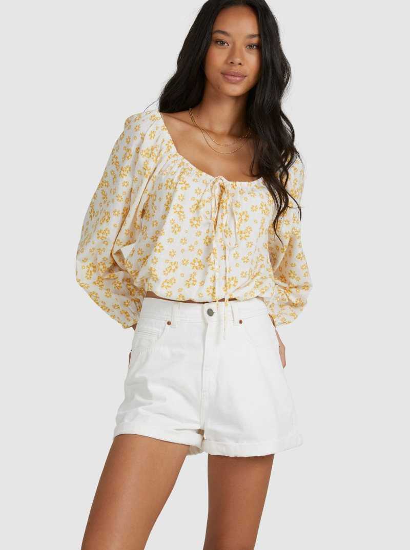 Bright White Mini Flower Ditsy Roxy Soho Sessions Long Sleeve Off The Shoulder Top | COGNIU529