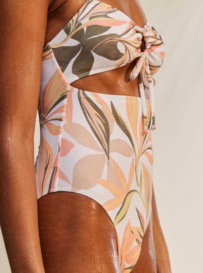 Bright White Subtly Salty Flat Roxy Printed Beach Classics One-Piece Swimsuit | KAJEHF210