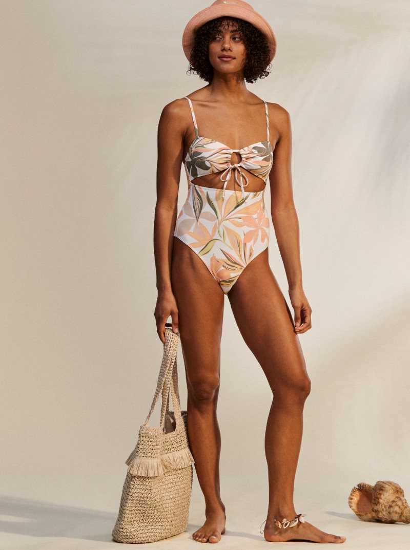 Bright White Subtly Salty Flat Roxy Printed Beach Classics One-Piece Swimsuit | KAJEHF210