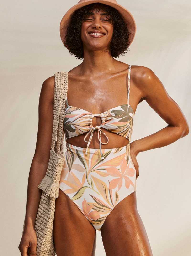 Bright White Subtly Salty Flat Roxy Printed Beach Classics One-Piece Swimsuit | KAJEHF210