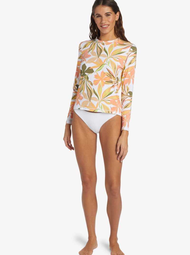 Bright White Subtly Salty Flat Roxy Sea Skippin UPF 50 Long Sleeve Rashguard | FYHPUM183