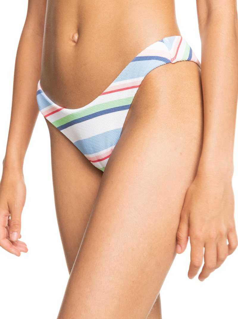 Bright White The Line Up Strip Roxy Line Up Cheeky High Leg Bikini Bottoms | UKTMQE026