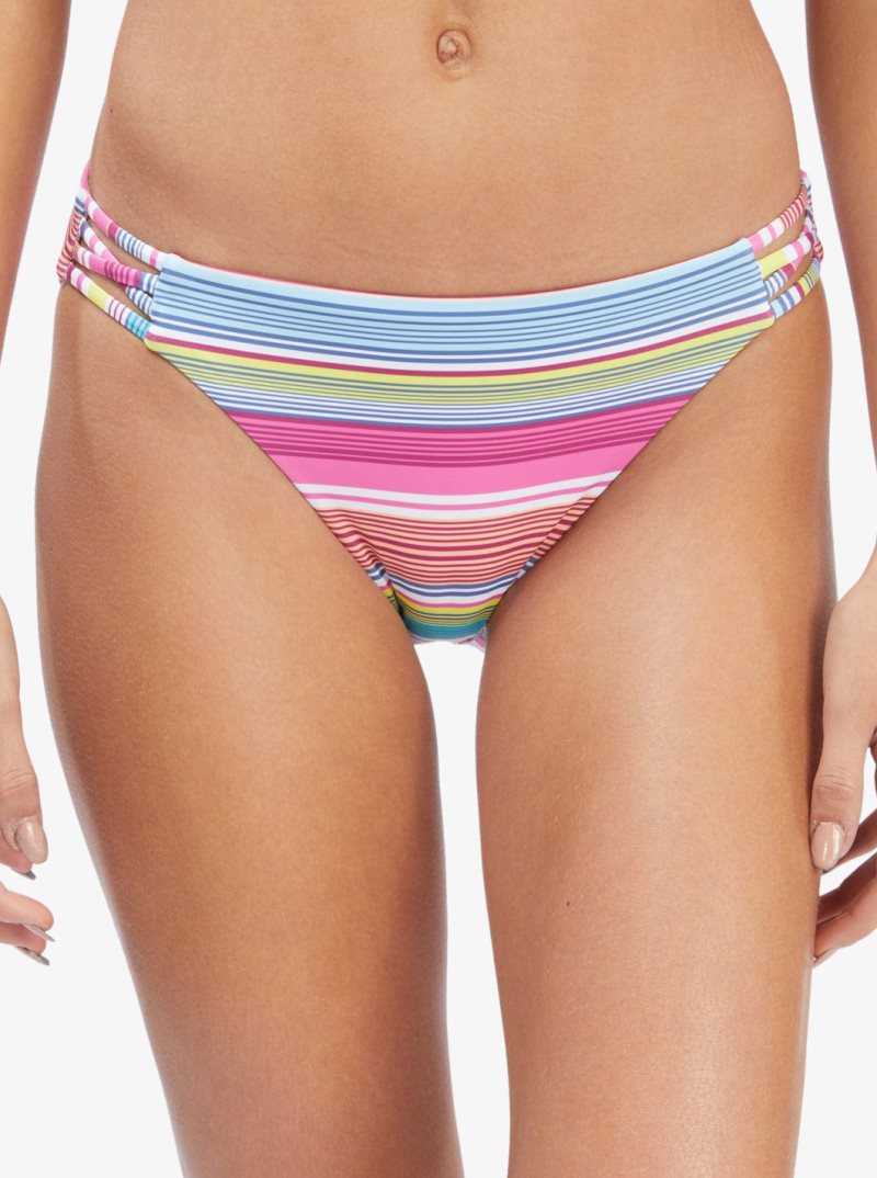 Bright White Tropi Stripe Roxy Active Full Bikini Bottoms | DEBAUK073