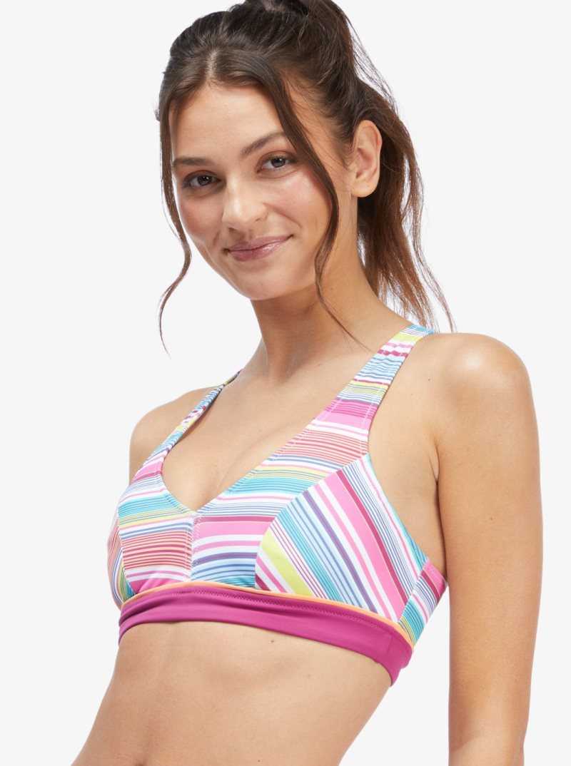 Bright White Tropi Stripe Roxy Active Halter Bikini Top | LAPWFR015