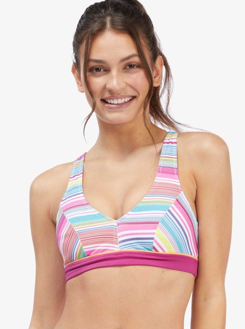 Bright White Tropi Stripe Roxy Active Halter Bikini Top | LAPWFR015