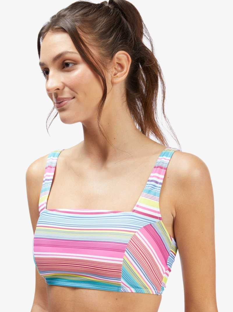 Bright White Tropi Stripe Roxy Active Tankini Sports Bra Bikini Top | BAOIFQ495