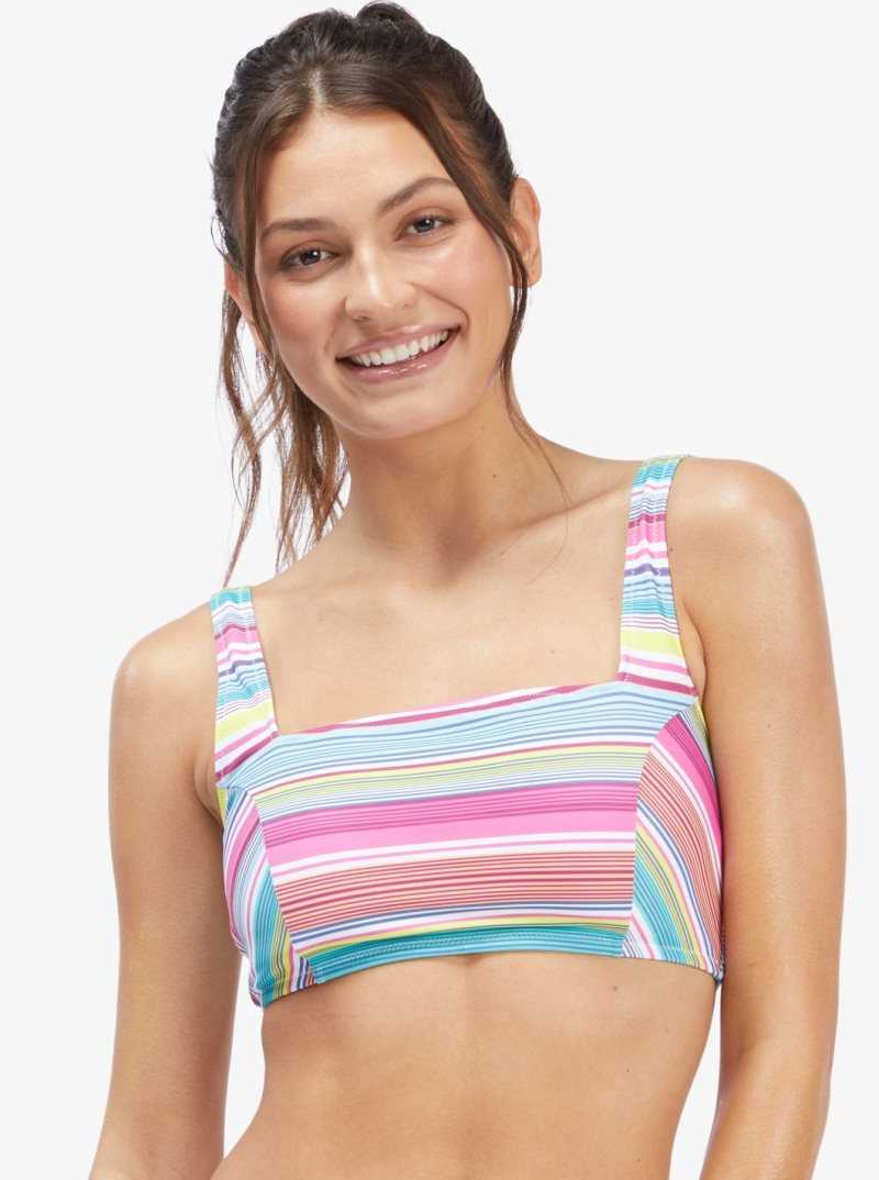 Bright White Tropi Stripe Roxy Active Tankini Sports Bra Bikini Top | BAOIFQ495